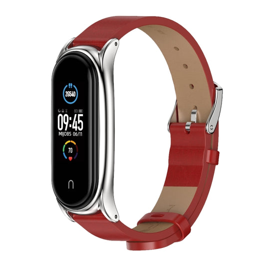 For Xiaomi Mi Band 6 / 5 / 4 / 3 Mijobs Metal Case Crazy Horse Texture PU Microfiber Plus Watch Band(Red Silver) - Watch Bands by MIJOBS | Online Shopping UK | buy2fix