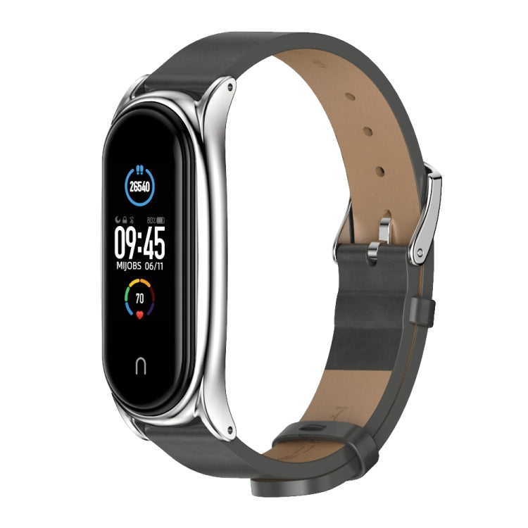 For Xiaomi Mi Band 6 / 5 / 4 / 3 Mijobs Metal Case Crazy Horse Texture PU Microfiber Plus Watch Band(Gray Silver) - Watch Bands by MIJOBS | Online Shopping UK | buy2fix