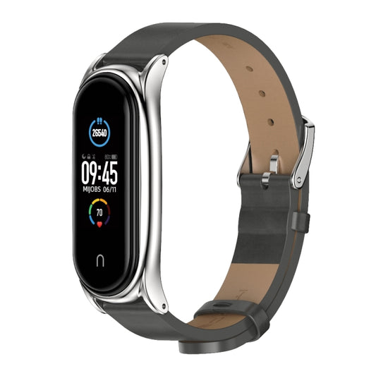 For Xiaomi Mi Band 6 / 5 / 4 / 3 Mijobs Metal Case Crazy Horse Texture PU Microfiber Plus Watch Band(Gray Silver) - Watch Bands by MIJOBS | Online Shopping UK | buy2fix