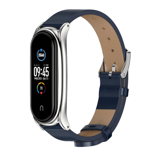 For Xiaomi Mi Band 6 / 5 / 4 / 3 Mijobs Metal Case Crazy Horse Texture PU Microfiber Plus Watch Band(Blue Silver) - Watch Bands by MIJOBS | Online Shopping UK | buy2fix