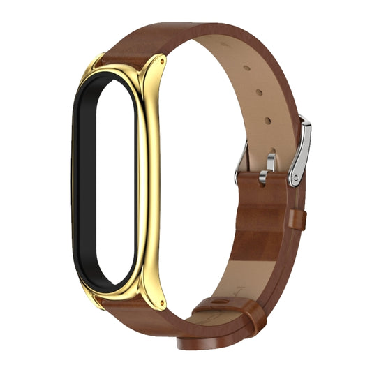 For Xiaomi Mi Band 6 / 5 / 4 / 3 Mijobs Metal Case Crazy Horse Texture PU Microfiber Plus Watch Band(Brown Gold) - Watch Bands by MIJOBS | Online Shopping UK | buy2fix
