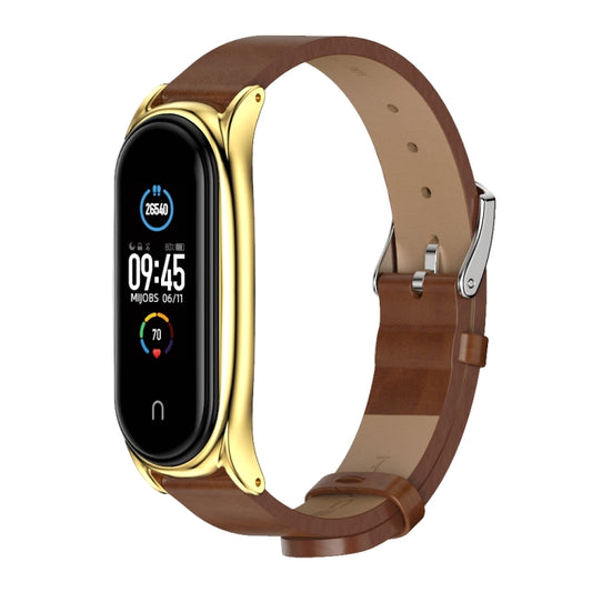 For Xiaomi Mi Band 6 / 5 / 4 / 3 Mijobs Metal Case Crazy Horse Texture PU Microfiber Plus Watch Band(Brown Gold) - Watch Bands by MIJOBS | Online Shopping UK | buy2fix