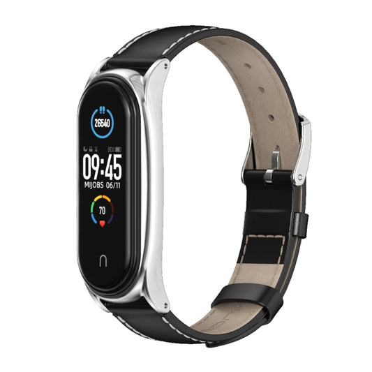 For Xiaomi Mi Band 6 / 5 / 4 / 3 Mijobs First Layer Cowhide Plus Watch Band(Black Silver) - Watch Bands by MIJOBS | Online Shopping UK | buy2fix