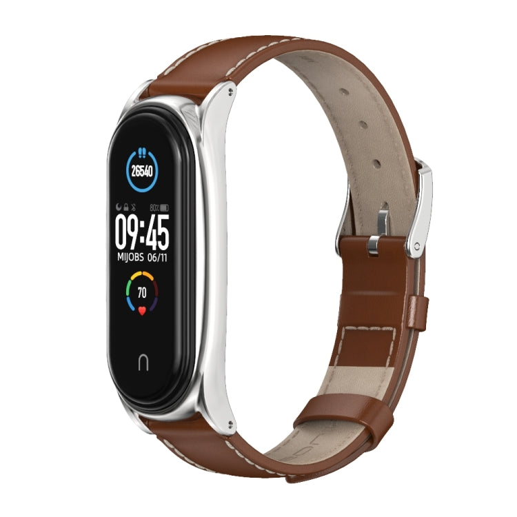For Xiaomi Mi Band 6 / 5 / 4 / 3 Mijobs First Layer Cowhide Plus Watch Band(Brown Silver) - Watch Bands by MIJOBS | Online Shopping UK | buy2fix