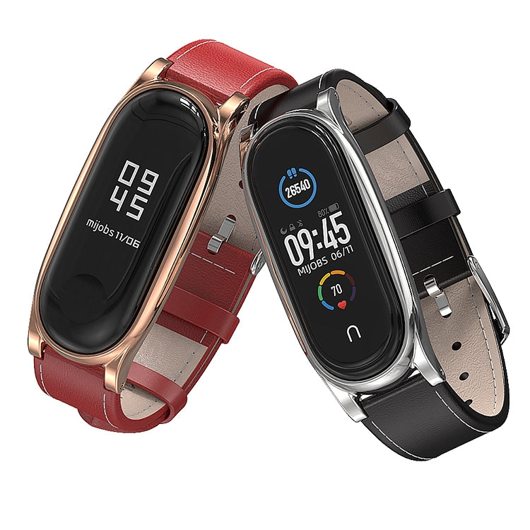 For Xiaomi Mi Band 6 / 5 / 4 / 3 Mijobs First Layer Cowhide Plus Watch Band(Brown Silver) - Watch Bands by MIJOBS | Online Shopping UK | buy2fix