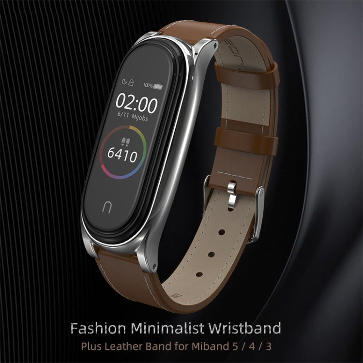 For Xiaomi Mi Band 6 / 5 / 4 / 3 Mijobs First Layer Cowhide Plus Watch Band(Brown Silver) - Watch Bands by MIJOBS | Online Shopping UK | buy2fix