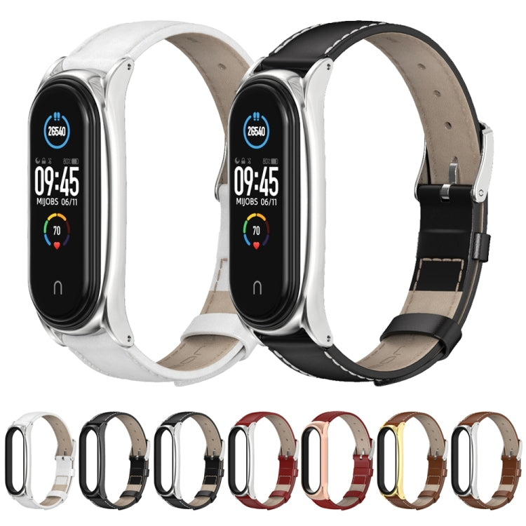For Xiaomi Mi Band 6 / 5 / 4 / 3 Mijobs First Layer Cowhide Plus Watch Band(Brown Silver) - Watch Bands by MIJOBS | Online Shopping UK | buy2fix