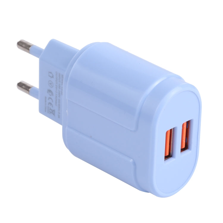 13-22 2.1A Dual USB Macarons Travel Charger, EU Plug(Blue) - USB Charger by buy2fix | Online Shopping UK | buy2fix