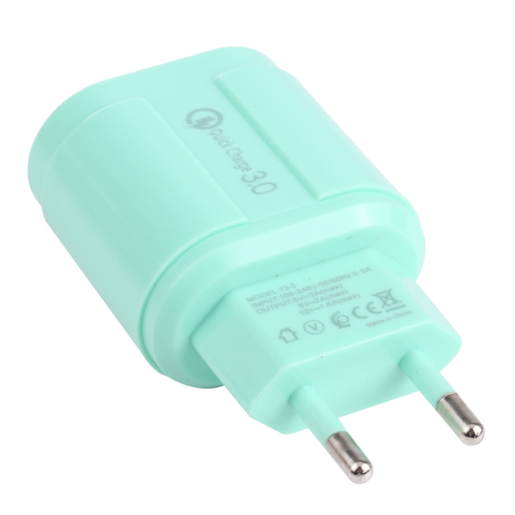 13-222 QC3.0 USB + 2.1A Dual USB Ports Macarons Travel Charger, EU Plug(Green) - USB Charger by buy2fix | Online Shopping UK | buy2fix