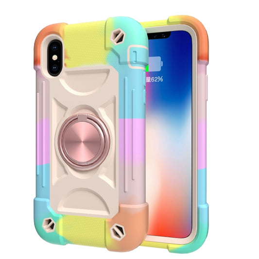 For iPhone X / XS Shockproof Silicone + PC Protective Case with Dual-Ring Holder(Colorful Rose Gold) by buy2fix