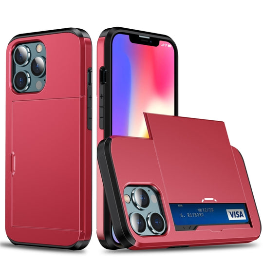 For iPhone 13 Shockproof Armor Protective Case with Slide Card Slot(Red)