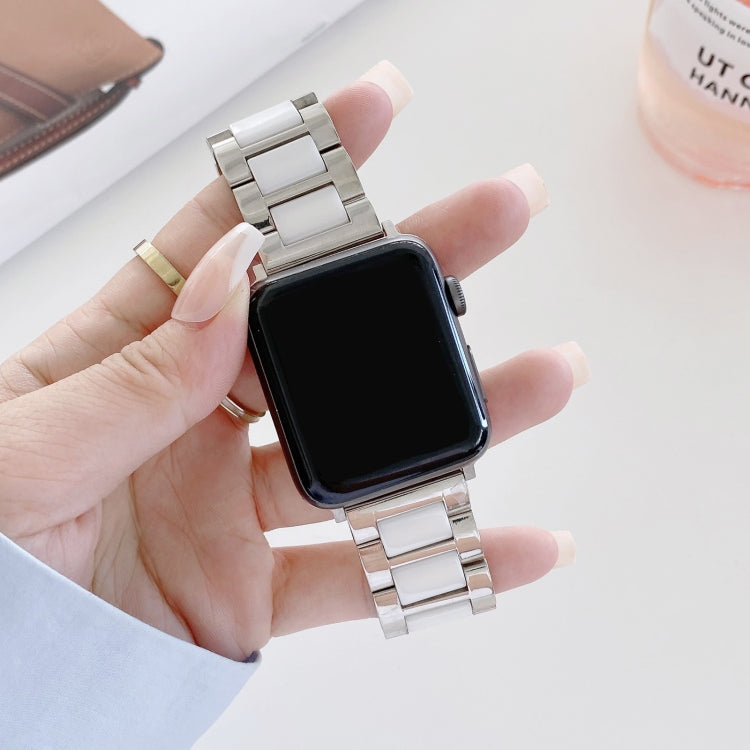 22mm Width Three Beads Ceramics Steel Watch Band For Apple Watch Ultra 49mm&Watch Ultra 2 49mm / Series 9&8&7 45mm / SE 3&SE 2&6&SE&5&4 44mm / 3&2&1 42mm(Silver+White) - Watch Bands by buy2fix | Online Shopping UK | buy2fix
