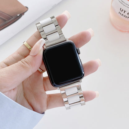 22mm Width Three Beads Ceramics Steel Watch Band For Apple Watch Ultra 49mm&Watch Ultra 2 49mm / Series 9&8&7 45mm / SE 3&SE 2&6&SE&5&4 44mm / 3&2&1 42mm(Silver+White) - Watch Bands by buy2fix | Online Shopping UK | buy2fix