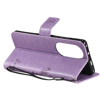 For Huawei P50 Pro Tree & Cat Pattern Pressed Printing Horizontal Flip PU Leather Case with Holder & Card Slots & Wallet & Lanyard(Light Purple) - Huawei Cases by buy2fix | Online Shopping UK | buy2fix