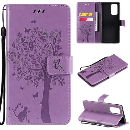 For OPPO Reno6 Pro 5G Tree & Cat Pattern Pressed Printing Horizontal Flip PU Leather Case with Holder & Card Slots & Wallet & Lanyard(Light Purple) by buy2fix