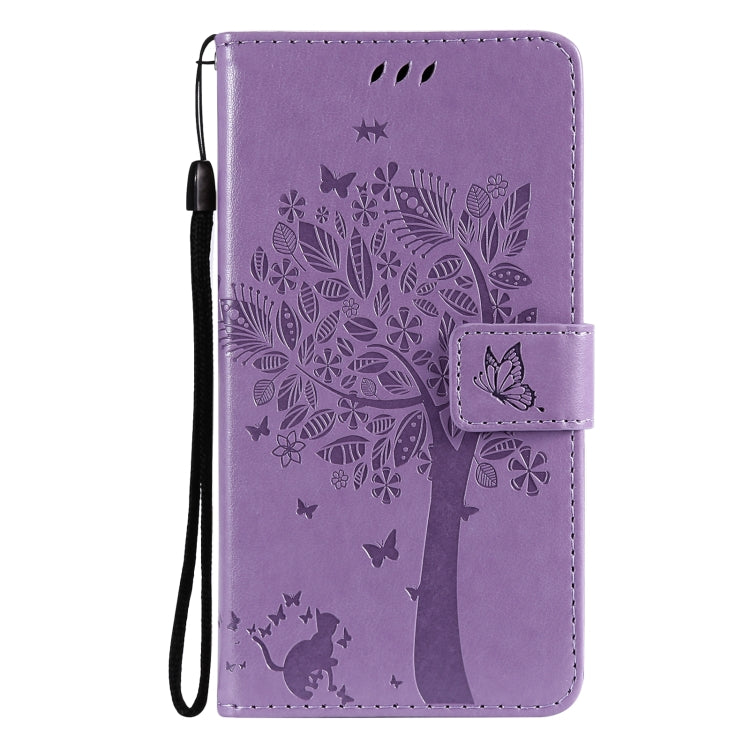For OPPO Reno6 Pro 5G Tree & Cat Pattern Pressed Printing Horizontal Flip PU Leather Case with Holder & Card Slots & Wallet & Lanyard(Light Purple) by buy2fix