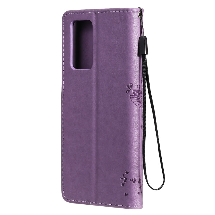 For OPPO Reno6 Pro 5G Tree & Cat Pattern Pressed Printing Horizontal Flip PU Leather Case with Holder & Card Slots & Wallet & Lanyard(Light Purple) by buy2fix