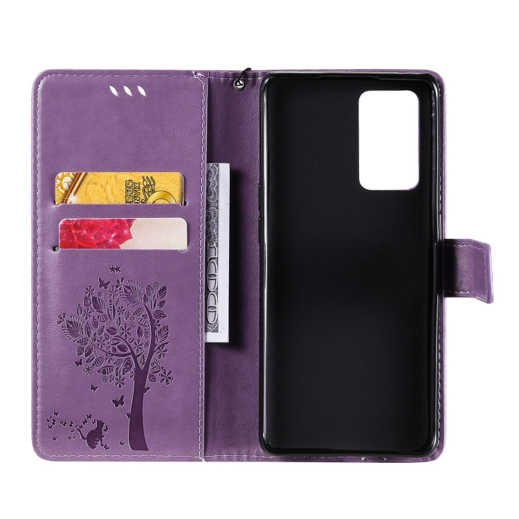 For OPPO Reno6 Pro 5G Tree & Cat Pattern Pressed Printing Horizontal Flip PU Leather Case with Holder & Card Slots & Wallet & Lanyard(Light Purple) by buy2fix