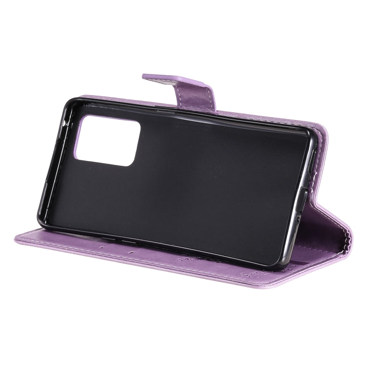 For OPPO Reno6 Pro 5G Tree & Cat Pattern Pressed Printing Horizontal Flip PU Leather Case with Holder & Card Slots & Wallet & Lanyard(Light Purple) by buy2fix
