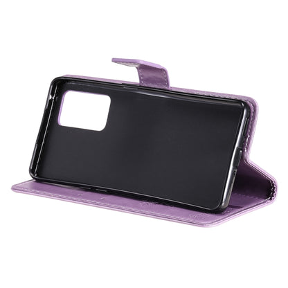 For OPPO Reno6 Pro 5G Tree & Cat Pattern Pressed Printing Horizontal Flip PU Leather Case with Holder & Card Slots & Wallet & Lanyard(Light Purple) by buy2fix