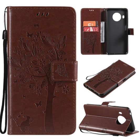 For Nokia X10 Tree & Cat Pattern Pressed Printing Horizontal Flip PU Leather Case with Holder & Card Slots & Wallet & Lanyard(Coffee) - Nokia Cases by buy2fix | Online Shopping UK | buy2fix