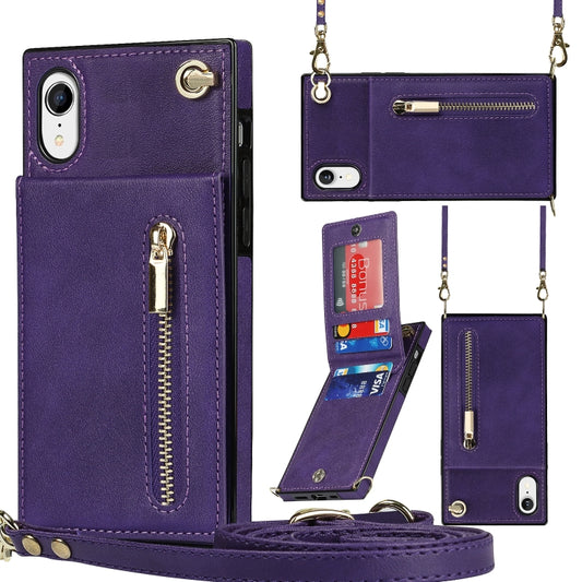 For iPhone XR Cross-body Zipper Square TPU+PU Back Cover Case with Holder & Card Slots & Wallet & Strap(Purple) - More iPhone Cases by buy2fix | Online Shopping UK | buy2fix