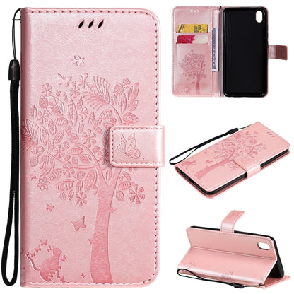 For vivo Y1s / Y90 / Y91C Tree & Cat Embossing Pattern Horizontal Flip PU Leather Case with Holder & Card Slots & Wallet & Lanyard(Rose Gold) - vivo Cases by buy2fix | Online Shopping UK | buy2fix