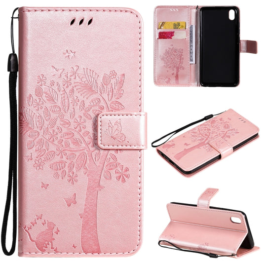 For vivo Y1s / Y90 / Y91C Tree & Cat Embossing Pattern Horizontal Flip PU Leather Case with Holder & Card Slots & Wallet & Lanyard(Rose Gold) - vivo Cases by buy2fix | Online Shopping UK | buy2fix