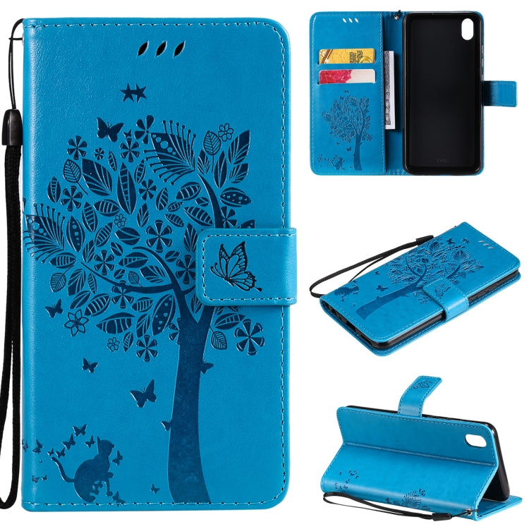 For vivo Y1s / Y90 / Y91C Tree & Cat Embossing Pattern Horizontal Flip PU Leather Case with Holder & Card Slots & Wallet & Lanyard(Blue) - vivo Cases by buy2fix | Online Shopping UK | buy2fix