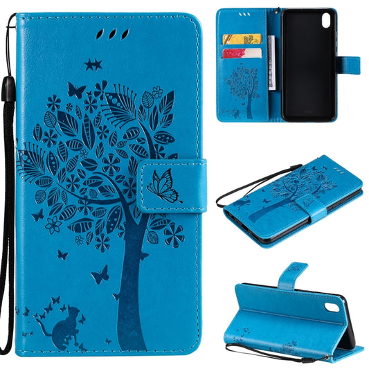 For vivo Y1s / Y90 / Y91C Tree & Cat Embossing Pattern Horizontal Flip PU Leather Case with Holder & Card Slots & Wallet & Lanyard(Blue) - vivo Cases by buy2fix | Online Shopping UK | buy2fix