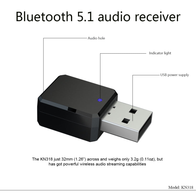 KN318 USB Bluetooth 5.1 Adapter Audio Receiver - Bluetooth Dongle by buy2fix | Online Shopping UK | buy2fix