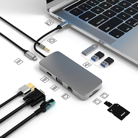 Basix BL10V 10 en 1 USB-C/Type-C vers RJ45 + VGA + HDMI + AUX 3,5 mm + Emplacement pour carte SD/TF + PD USB-C/Type-C + USB 3.0 + 2 ports USB 2.0 HUB Station d'accueil