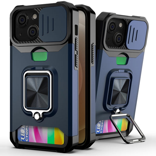 For iPhone 13 mini Sliding Camshield Card Slot Ring Kickstand Phone Case (Blue) - iPhone 13 mini Cases by buy2fix | Online Shopping UK | buy2fix