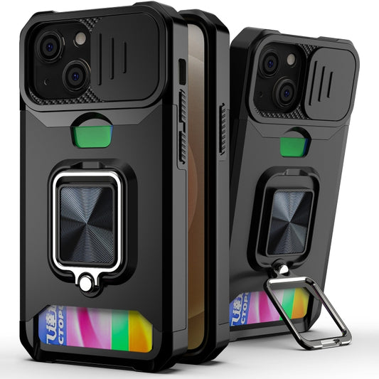For iPhone 13 Sliding Camshield Card Slot Ring Kickstand Phone Case(Black) - iPhone 13 Cases by buy2fix | Online Shopping UK | buy2fix