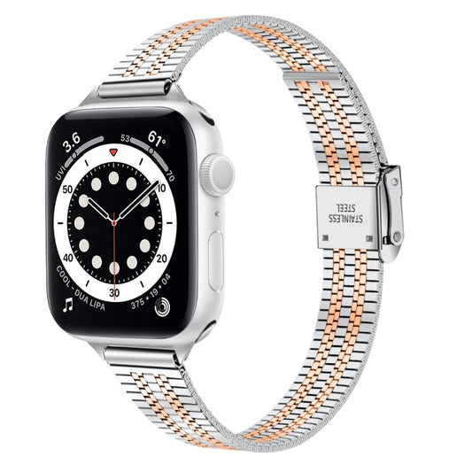 14mm Seven-beads Double Safety Buckle Slim Steel Watch Band For Apple Watch Series 9&8&7 41mm / SE 3&SE 2&6&SE&5&4 40mm / 3&2&1 38mm(Silver Gold) - Watch Bands by buy2fix | Online Shopping UK | buy2fix