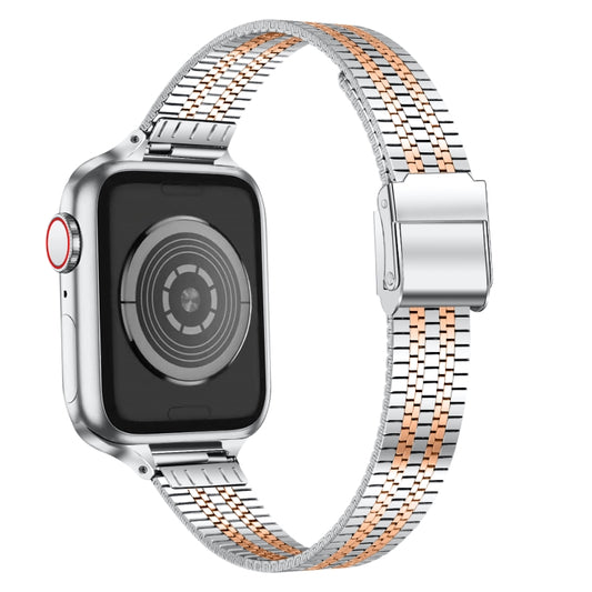 14mm Seven-beads Double Safety Buckle Slim Steel Watch Band For Apple Watch Series 9&8&7 41mm / SE 3&SE 2&6&SE&5&4 40mm / 3&2&1 38mm(Silver Gold) - Watch Bands by buy2fix | Online Shopping UK | buy2fix