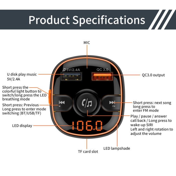 BC52 QC3.0 Fast Charging Car Colorful Atmosphere Light Bluetooth MP3 Player FM Transmitter - Bluetooth Car Kits by buy2fix | Online Shopping UK | buy2fix