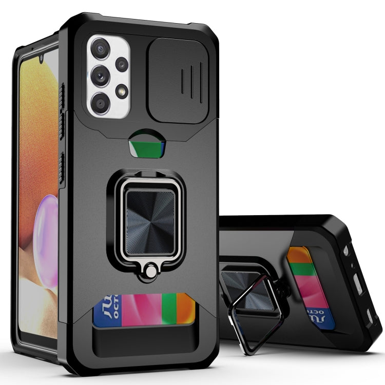 For Samsung Galaxy A32 4G Sliding Camera Cover Design PC + TPU Shockproof Case with Ring Holder & Card Slot(Black) by buy2fix