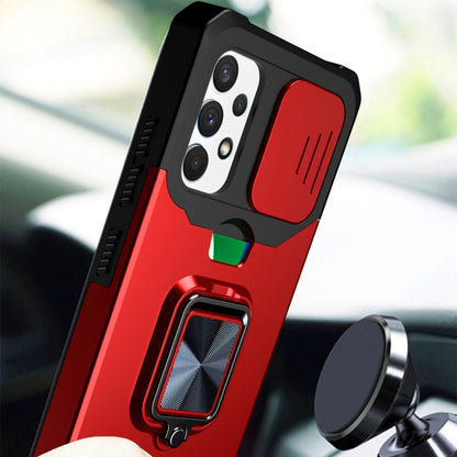 For Samsung Galaxy A32 4G Sliding Camera Cover Design PC + TPU Shockproof Case with Ring Holder & Card Slot(Black) by buy2fix