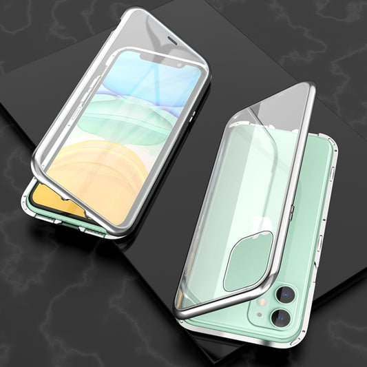 For iPhone 11 Ultra Slim Double Sides Magnetic Adsorption Angular Frame Tempered Glass Magnet Flip Case(Silver) - iPhone 11 Cases by buy2fix | Online Shopping UK | buy2fix