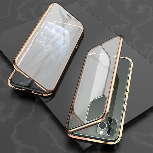 For iPhone 11 Pro Ultra Slim Double Sides Magnetic Adsorption Angular Frame Tempered Glass Magnet Flip Case(Gold) - iPhone 11 Pro Cases by buy2fix | Online Shopping UK | buy2fix
