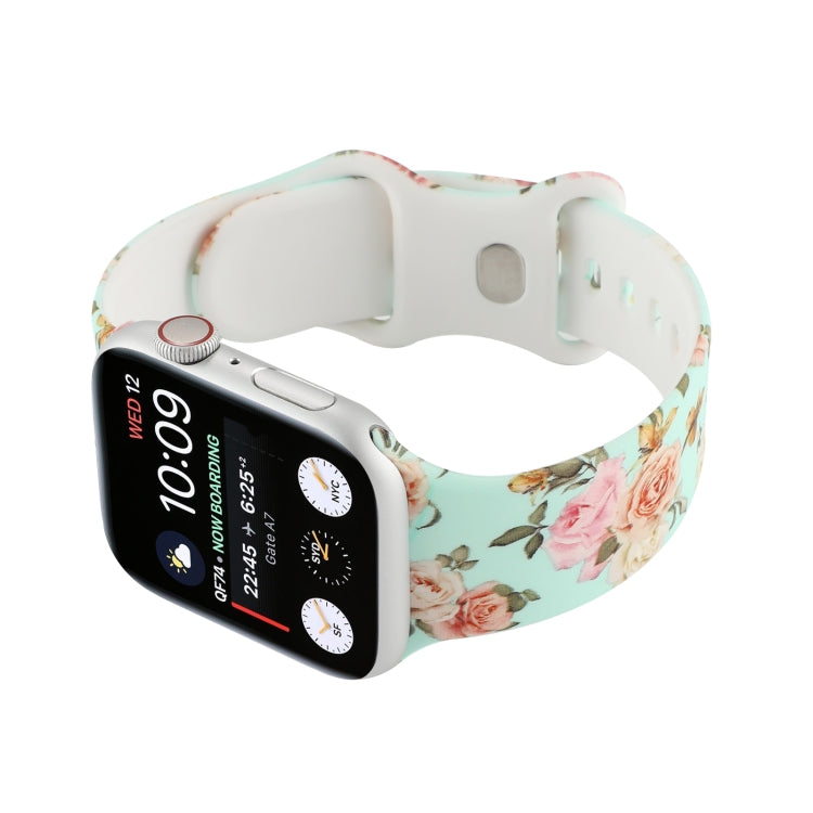 8-buckle Printed Strap Watch Band For Apple Watch Series 9&8&7 41mm / SE 3&SE 2&6&SE&5&4 40mm / 3&2&1 38mm(Green Background Rose) - Watch Bands by buy2fix | Online Shopping UK | buy2fix