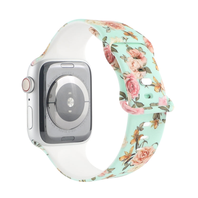 8-buckle Printed Strap Watch Band For Apple Watch Series 9&8&7 41mm / SE 3&SE 2&6&SE&5&4 40mm / 3&2&1 38mm(Green Background Rose) - Watch Bands by buy2fix | Online Shopping UK | buy2fix