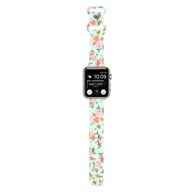 8-buckle Printed Strap Watch Band For Apple Watch Series 9&8&7 41mm / SE 3&SE 2&6&SE&5&4 40mm / 3&2&1 38mm(Green Background Rose) - Watch Bands by buy2fix | Online Shopping UK | buy2fix