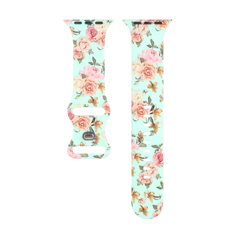 8-buckle Printed Strap Watch Band For Apple Watch Series 9&8&7 41mm / SE 3&SE 2&6&SE&5&4 40mm / 3&2&1 38mm(Green Background Rose) - Watch Bands by buy2fix | Online Shopping UK | buy2fix