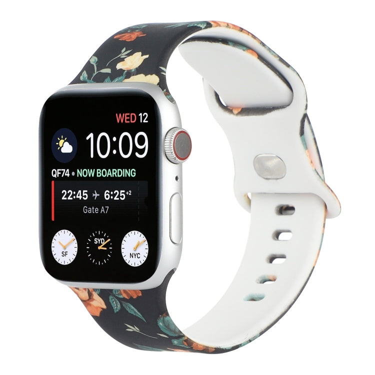 8-buckle Printed Strap Watch Band For Apple Watch Series 9&8&7 41mm / SE 3&SE 2&6&SE&5&4 40mm / 3&2&1 38mm(Black Background Rose) - Watch Bands by buy2fix | Online Shopping UK | buy2fix