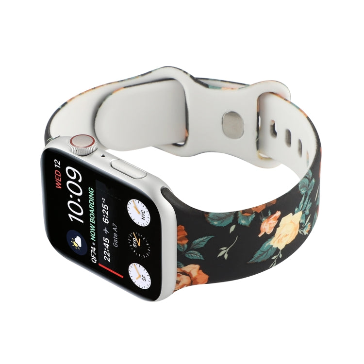 8-buckle Printed Strap Watch Band For Apple Watch Series 9&8&7 41mm / SE 3&SE 2&6&SE&5&4 40mm / 3&2&1 38mm(Black Background Rose) - Watch Bands by buy2fix | Online Shopping UK | buy2fix