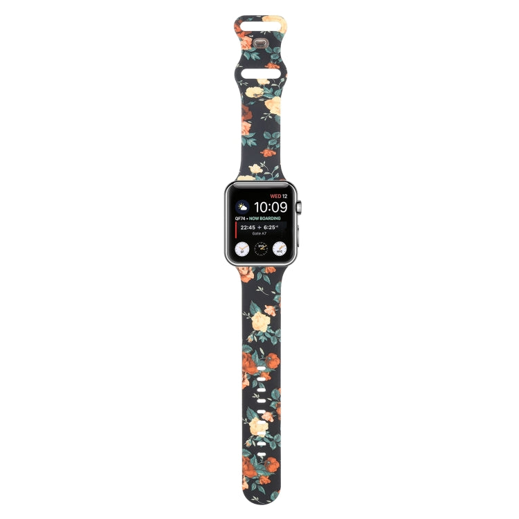 8-buckle Printed Strap Watch Band For Apple Watch Series 9&8&7 41mm / SE 3&SE 2&6&SE&5&4 40mm / 3&2&1 38mm(Black Background Rose) - Watch Bands by buy2fix | Online Shopping UK | buy2fix