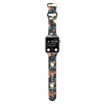 8-buckle Printed Strap Watch Band For Apple Watch Series 9&8&7 41mm / SE 3&SE 2&6&SE&5&4 40mm / 3&2&1 38mm(Black Background Rose) - Watch Bands by buy2fix | Online Shopping UK | buy2fix
