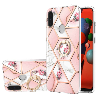 For Samsung Galaxy M11/A11 US/EU Verison Electroplating Splicing Marble Flower Pattern TPU Shockproof Case with Rhinestone Ring Holder(Pink Flower) by buy2fix